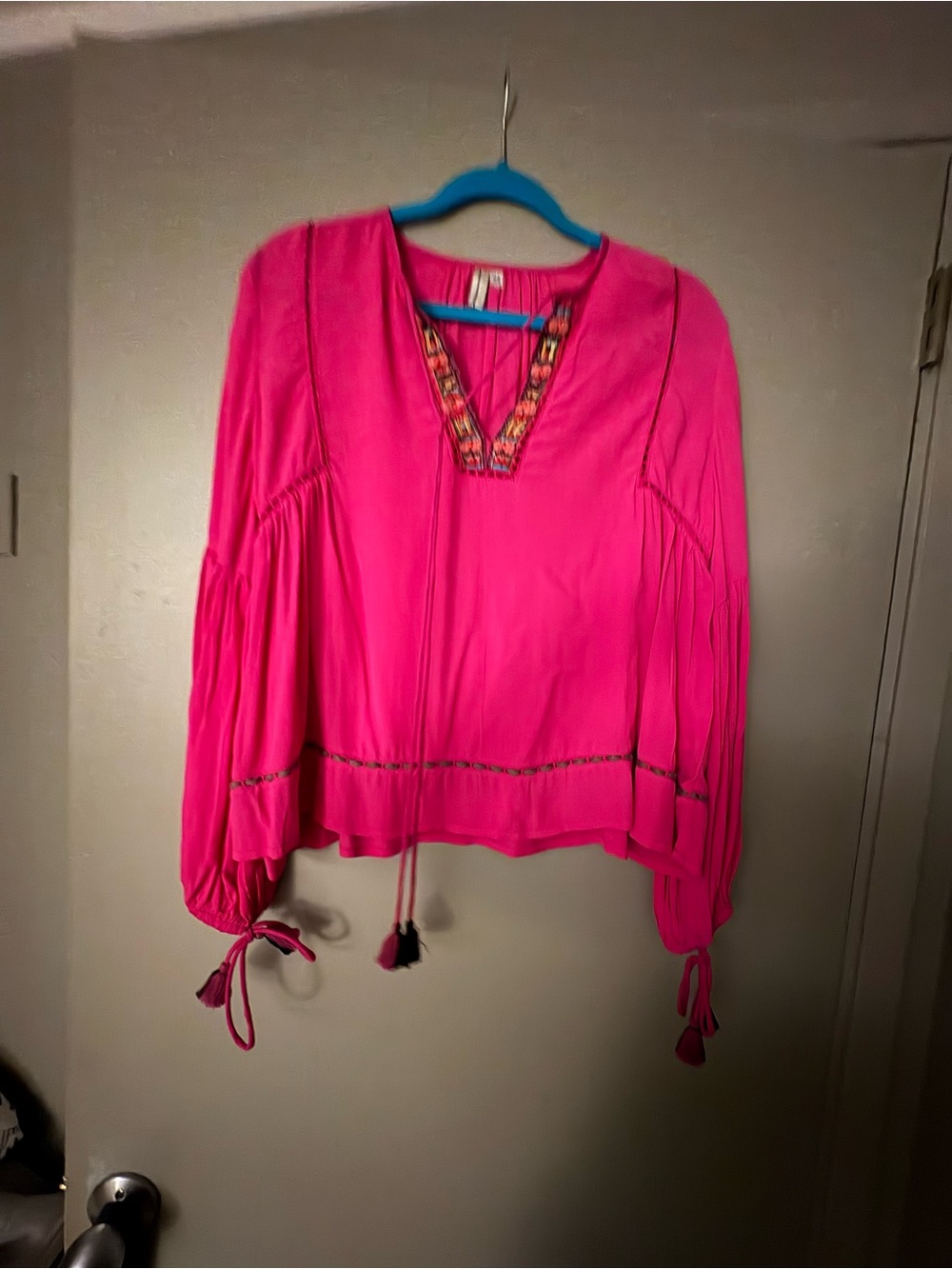 Embroidered V-Neck Peasant Blouse — Bright Pink